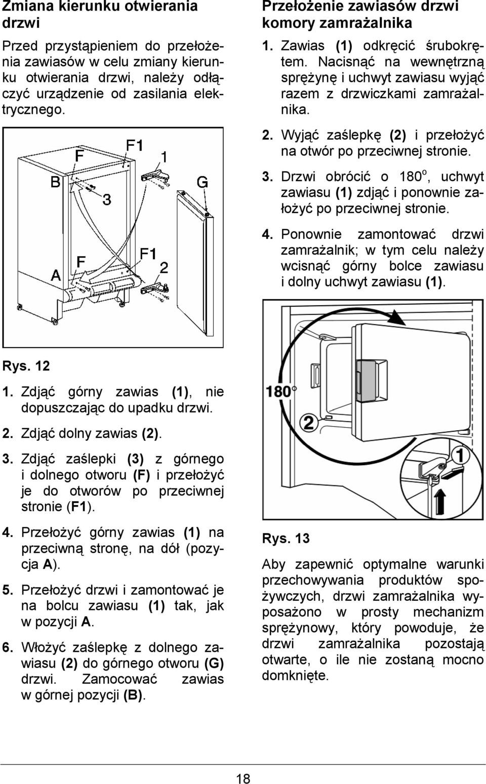 Wyj za)lepk (2) i przeo#y na otwór po przeciwnej stronie. 3. Drzwi obróci o 180 o, uchwyt zawiasu (1) zdj i ponownie za- o#y po przeciwnej stronie. 4.