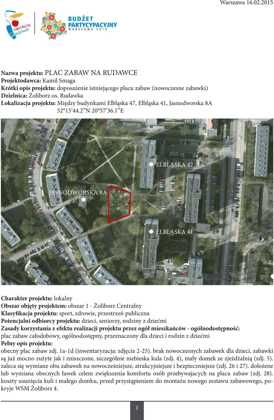 projektu: lokalny Obszar objęty projektem: obszar 1 - Żoliborz Centralny Klasyfikacja.