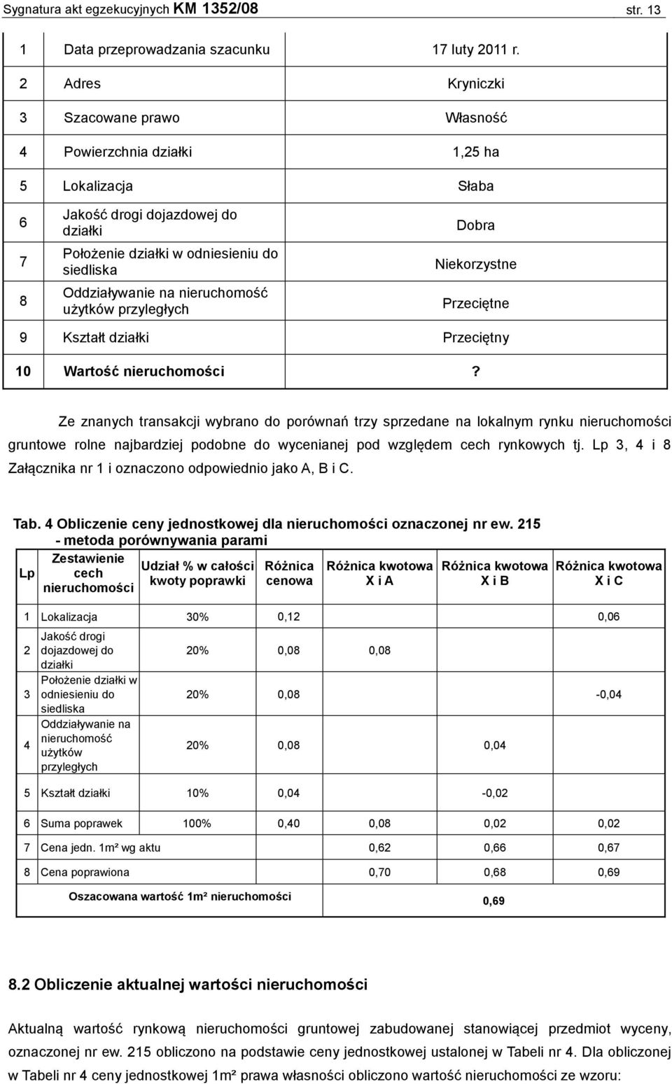 nieruchomość użytków przyległych Dobra Niekorzystne Przeciętne 9 Kształt działki Przeciętny 10 Wartość nieruchomości?