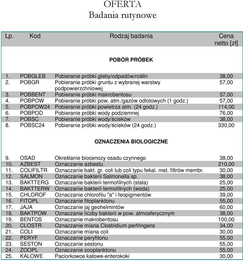 POBPOD Pobieranie próbki wody podziemnej 76,00 7. POBSC Pobieranie próbki wody/ścieków 38,00 8. POBSC24 Pobieranie próbki wody/ścieków (24 godz.) 330,00 OZNACZENIA BIOLOGICZNE 9.