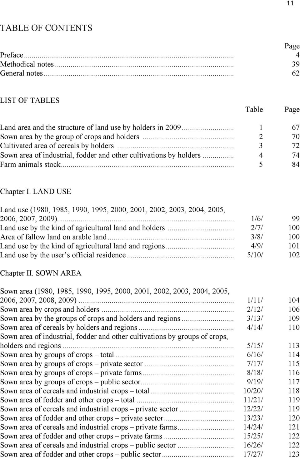 .. 5 84 Chapter I. LAND USE Land use (1980, 1985, 1990, 1995, 2000, 2001, 2002, 2003, 2004, 2005, 2006, 2007, 2009)... 1/6/ 99 Land use by the kind of agricultural land and holders.