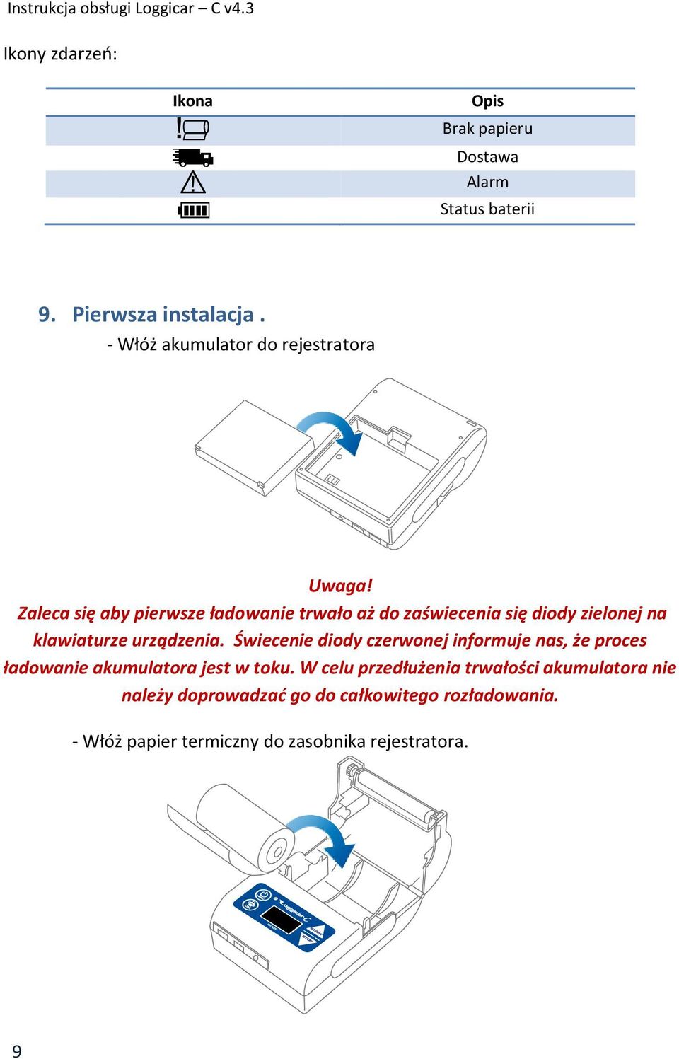 Zaleca się aby pierwsze ładowanie trwało aż do zaświecenia się diody zielonej na klawiaturze urządzenia.