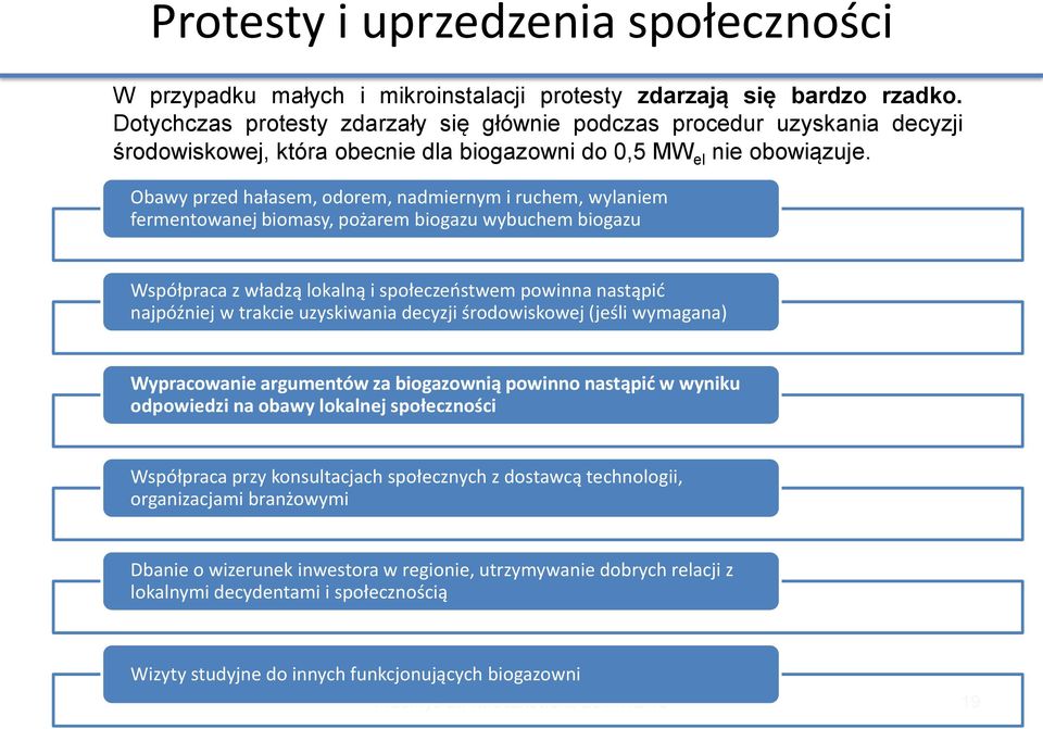 Obawy przed hałasem, odorem, nadmiernym i ruchem, wylaniem fermentowanej biomasy, pożarem biogazu wybuchem biogazu Współpraca z władzą lokalną i społeczeństwem powinna nastąpić najpóźniej w trakcie