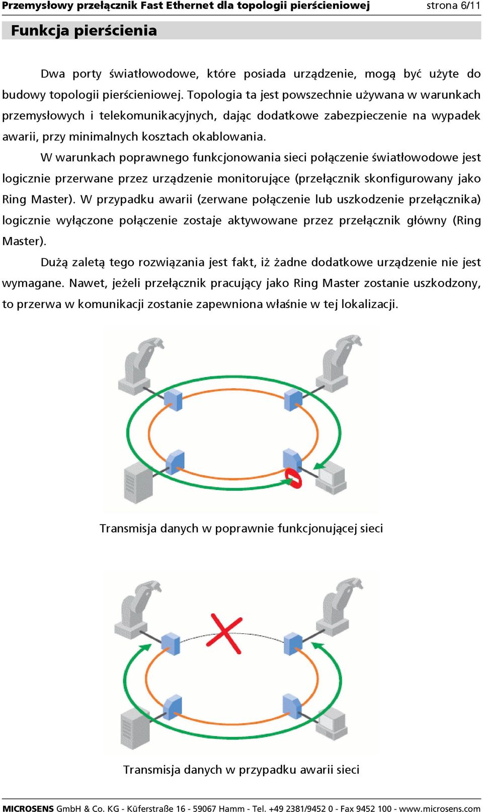 W warunkach poprawnego funkcjonowania sieci połączenie światłowodowe jest logicznie przerwane przez urządzenie monitorujące (przełącznik skonfigurowany jako Ring Master).