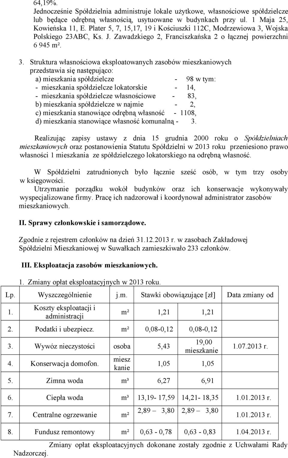 . Struktura własnościowa eksploatowanych zasobów mieszkaniowych przedstawia się następująco: a) mieszkania spółdzielcze - 98 w tym: - mieszkania spółdzielcze lokatorskie -, - mieszkania spółdzielcze