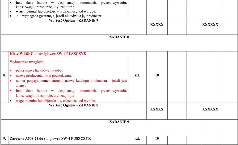 PUSZCZYK Wykonawca uwzględni: 8. Wartość Ogółem - ZADANIE 8 szt.