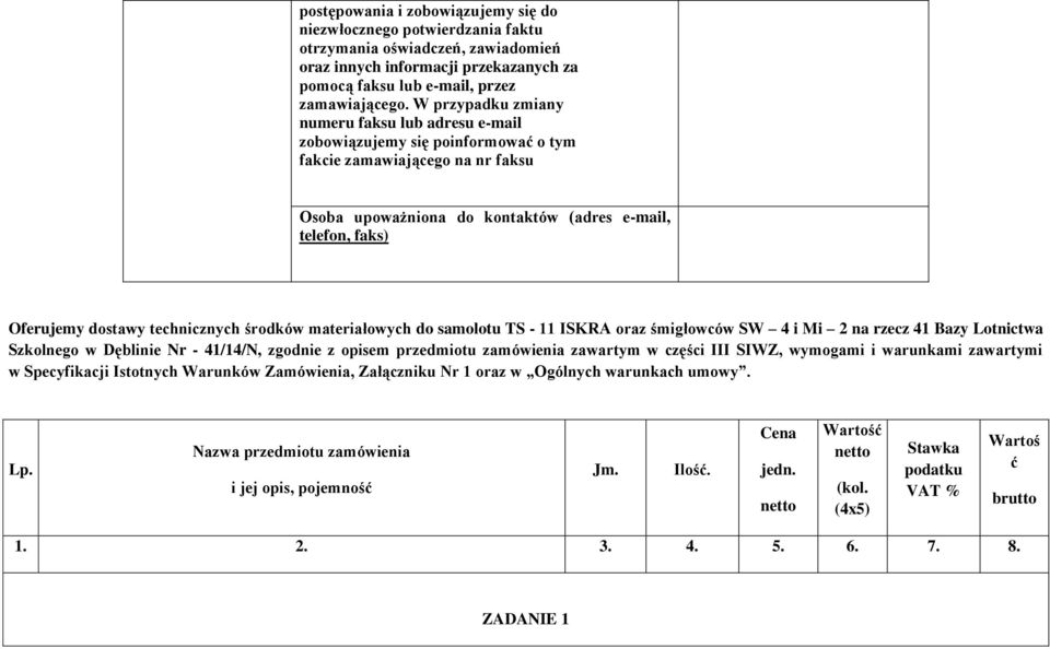 technicznych środków materiałowych do samolotu TS - 11 ISKRA oraz śmigłowców SW 4 i Mi 2 na rzecz 41 Bazy Lotnictwa Szkolnego w Dęblinie Nr - 41/14/N, zgodnie z opisem przedmiotu zamówienia zawartym