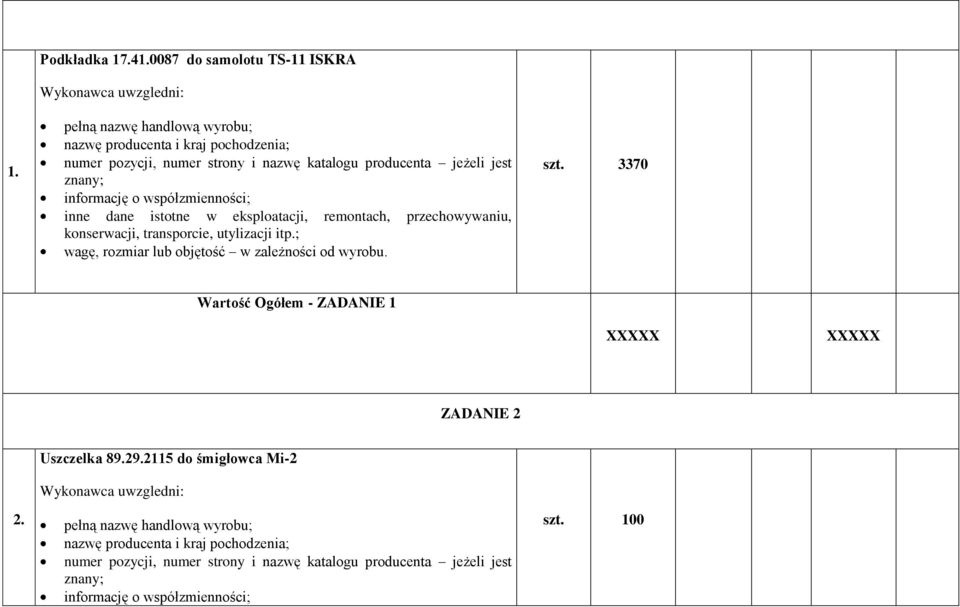 3370 Wartość Ogółem - ZADANIE 1 XXXXX