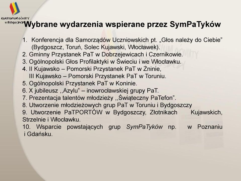 II Kujawsko Pomorski Przystanek PaT w Żninie, III Kujawsko Pomorski Przystanek PaT w Toruniu. 5. Ogólnopolski Przystanek PaT w Koninie. 6. X jubileusz,,azylu inowrocławskiej grupy PaT.