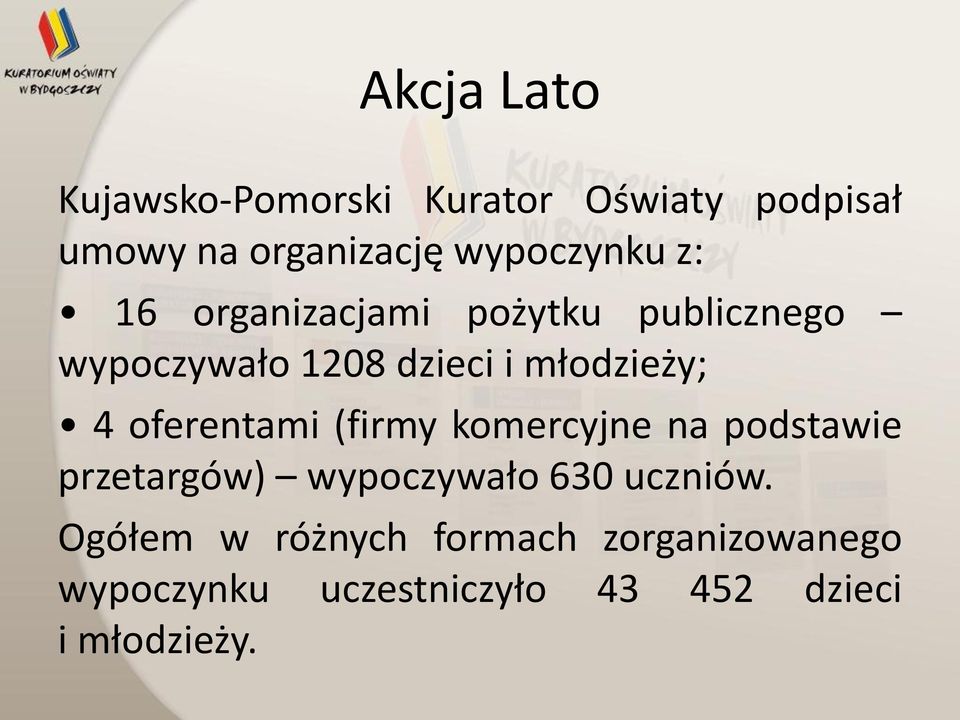 młodzieży; 4 oferentami (firmy komercyjne na podstawie przetargów) wypoczywało 630