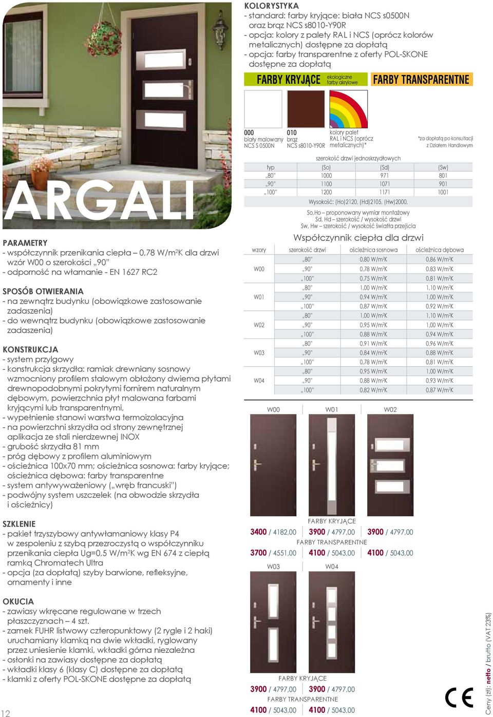 dopłatą po konsultacji z Działem Handlowym ARGALI Parametry - współczynnik przenikania ciepła 0,78 W/m 2 K dla drzwi wzór W00 o szerokości 90 - odporność na włamanie - EN 1627 RC2 SPOSÓB OTWIERANIA -