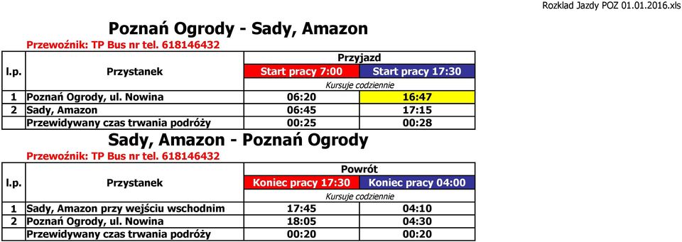 Sady, Amazon - Poznań Ogrody Przewoźnik: TP Bus nr tel.