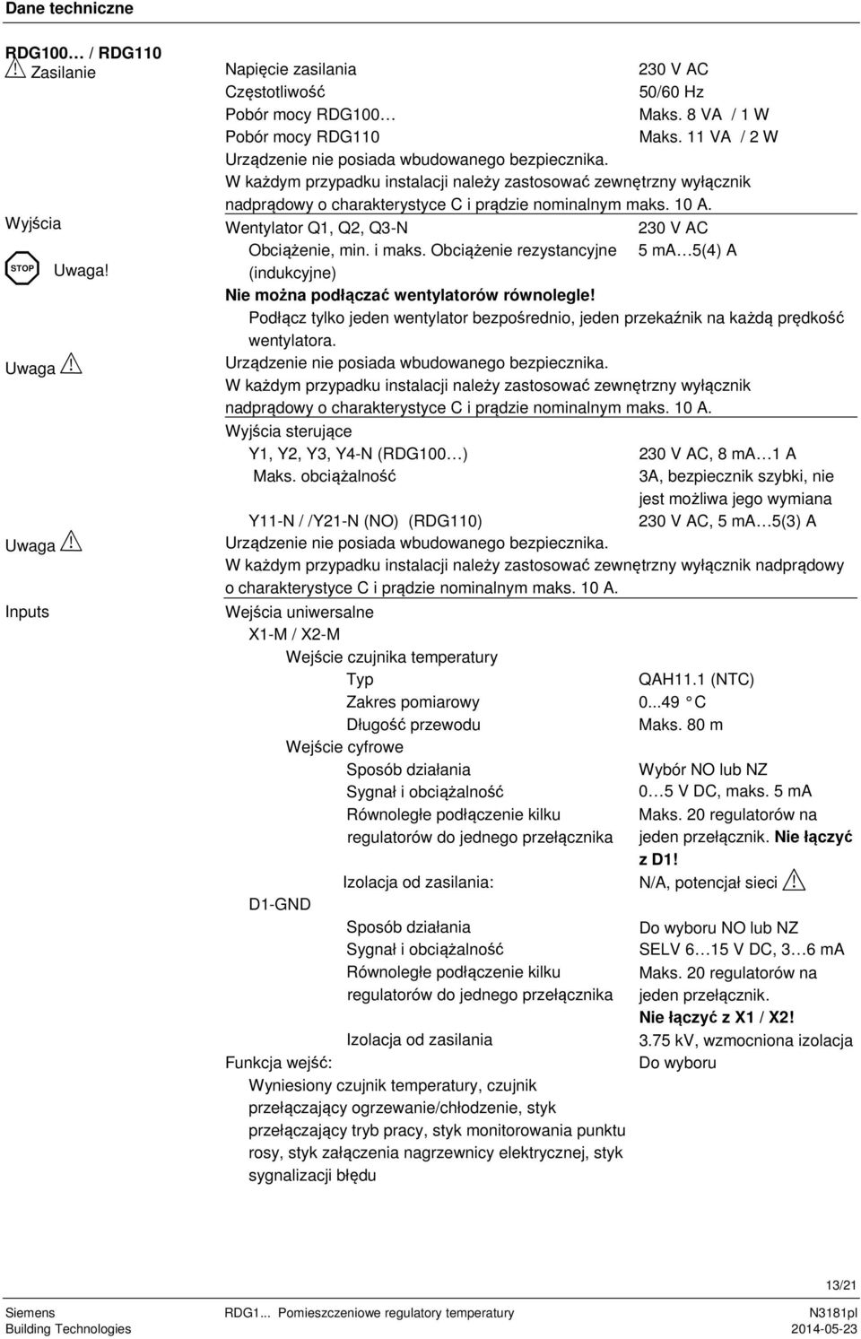 Wentylator Q1, Q2, Q3-N Obciążenie, min. i maks. Obciążenie rezystancyjne (indukcyjne) 230 V AC 5 ma 5(4) A Nie można podłączać wentylatorów równolegle!