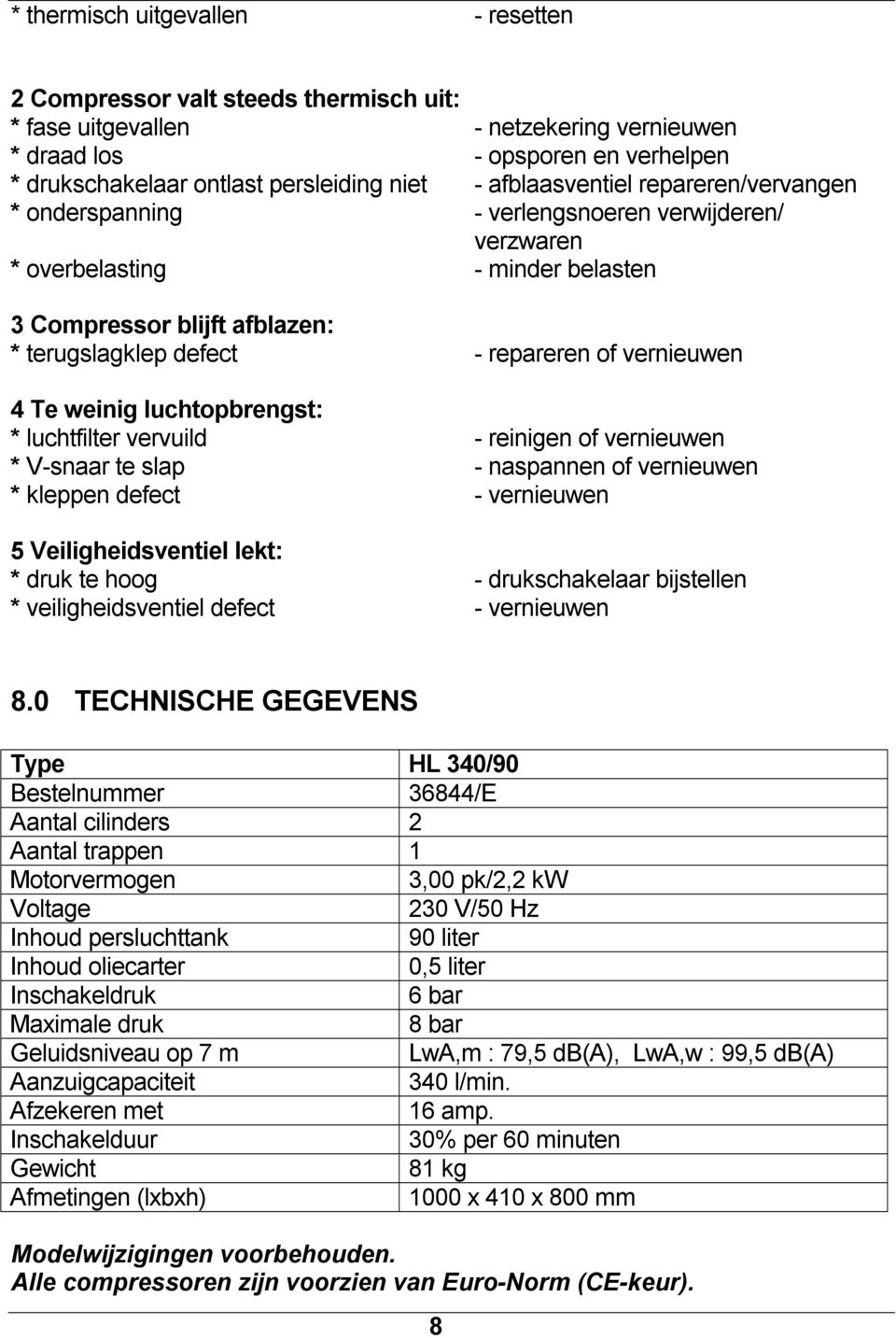 vernieuwen 4 Te weinig luchtopbrengst: * luchtfilter vervuild - reinigen of vernieuwen * V-snaar te slap - naspannen of vernieuwen * kleppen defect - vernieuwen 5 Veiligheidsventiel lekt: * druk te