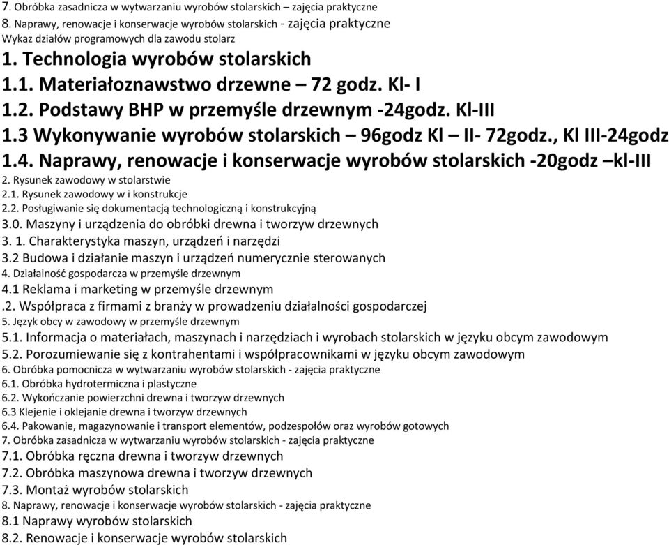 , Kl III 24godz 1.4. Naprawy, renowacje i konserwacje wyrobów stolarskich 20godz kl III 2. Rysunek zawodowy w stolarstwie 2.1. Rysunek zawodowy w i konstrukcje 2.2. Posługiwanie się dokumentacją technologiczną i konstrukcyjną 3.