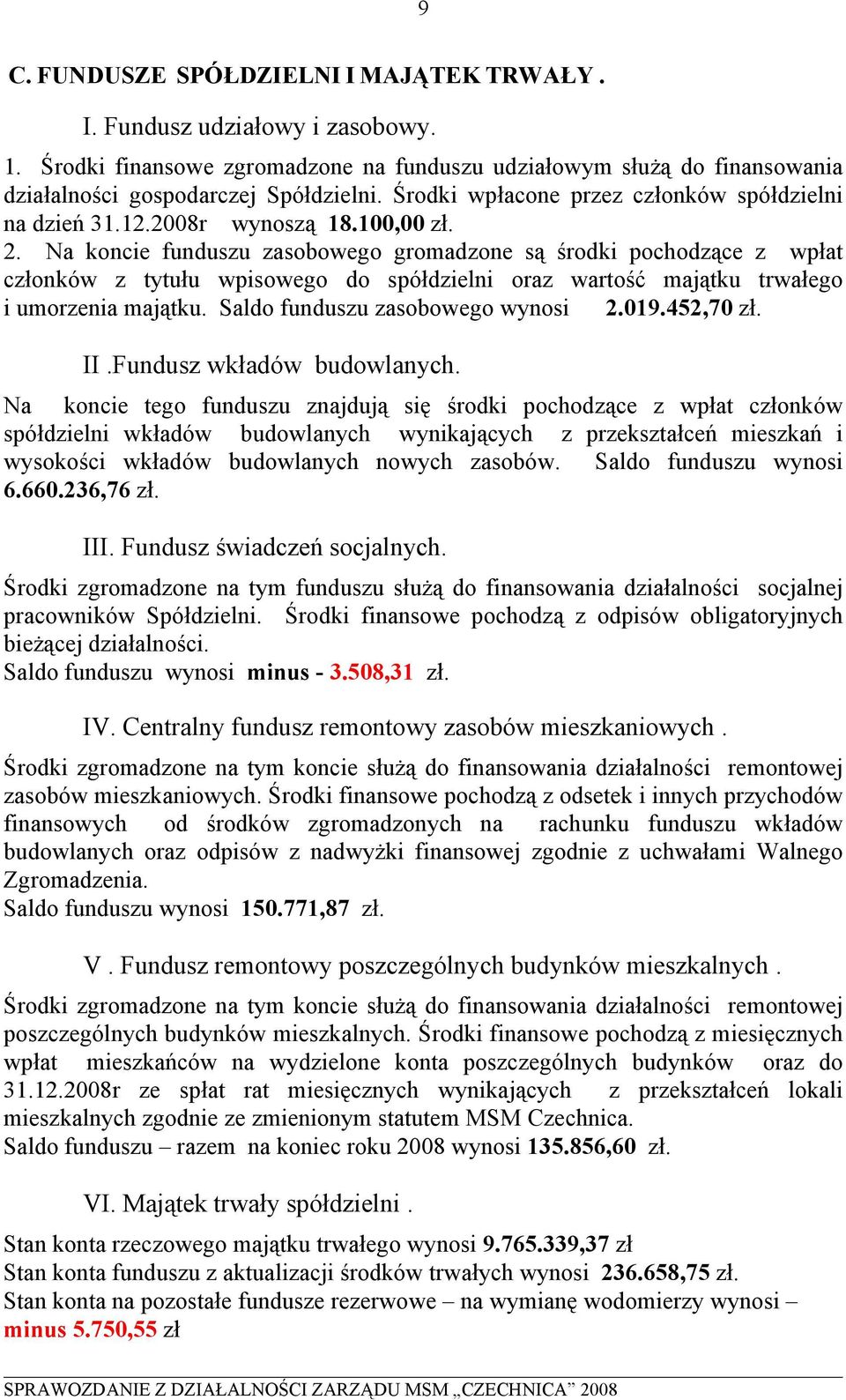 Na koncie funduszu zasobowego gromadzone są środki pochodzące z wpłat członków z tytułu wpisowego do spółdzielni oraz wartość majątku trwałego i umorzenia majątku. Saldo funduszu zasobowego wynosi 2.