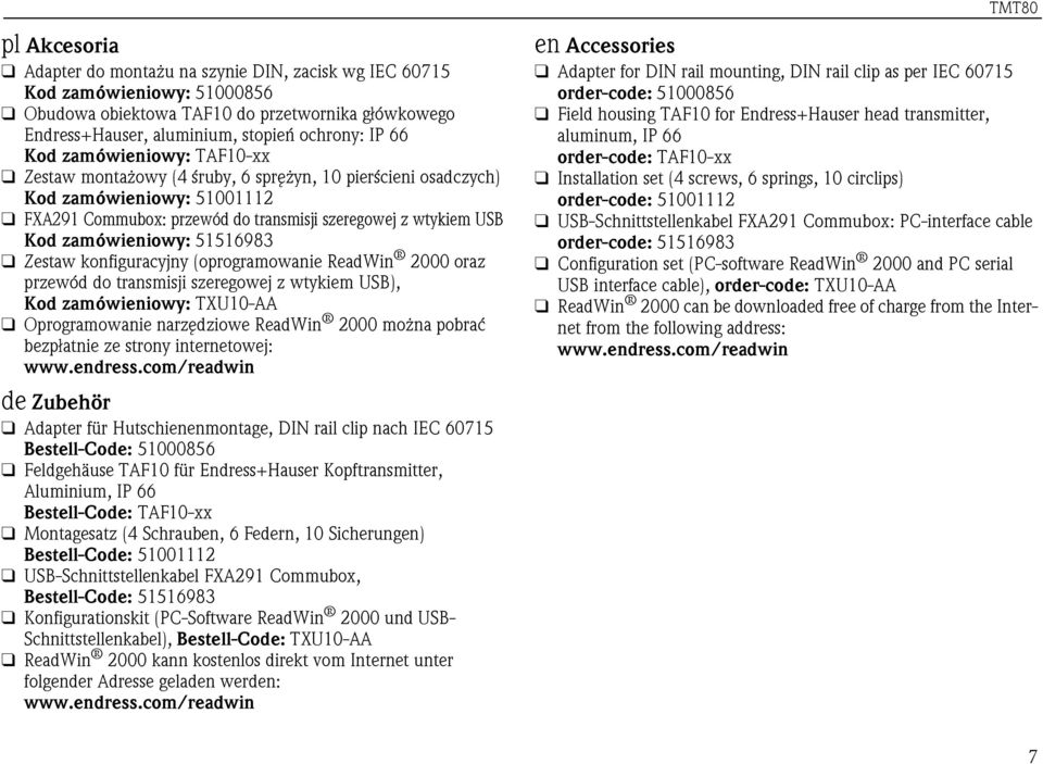 5151983 Zestaw konfiguracyjny (oprogramowanie ReadWin 2000 oraz przewód do transmisji szeregowej z wtykiem USB), Kod zamówieniowy: TXU10-AA Oprogramowanie narzędziowe ReadWin 2000 można pobrać