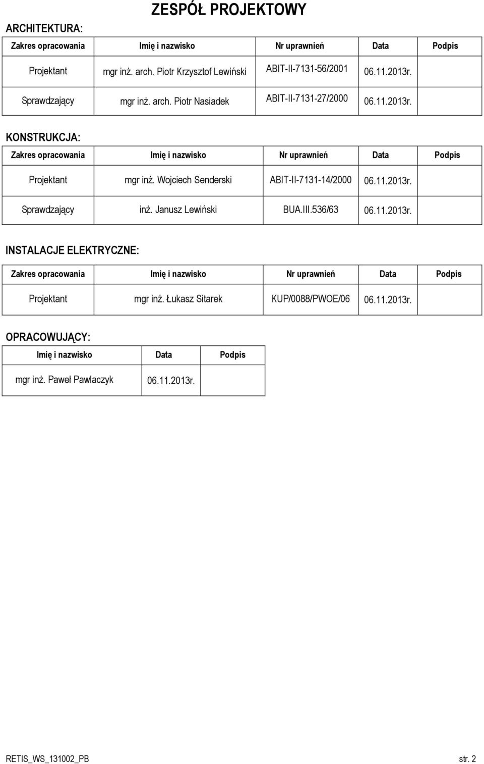 Wojciech Senderski ABIT-II-7131-14/2000 06.11.2013r. Sprawdzający inż. Janusz Lewiński BUA.III.536/63 06.11.2013r. INSTALACJE ELEKTRYCZNE: Zakres opracowania Imię i nazwisko Nr uprawnień Data Podpis Projektant mgr inż.