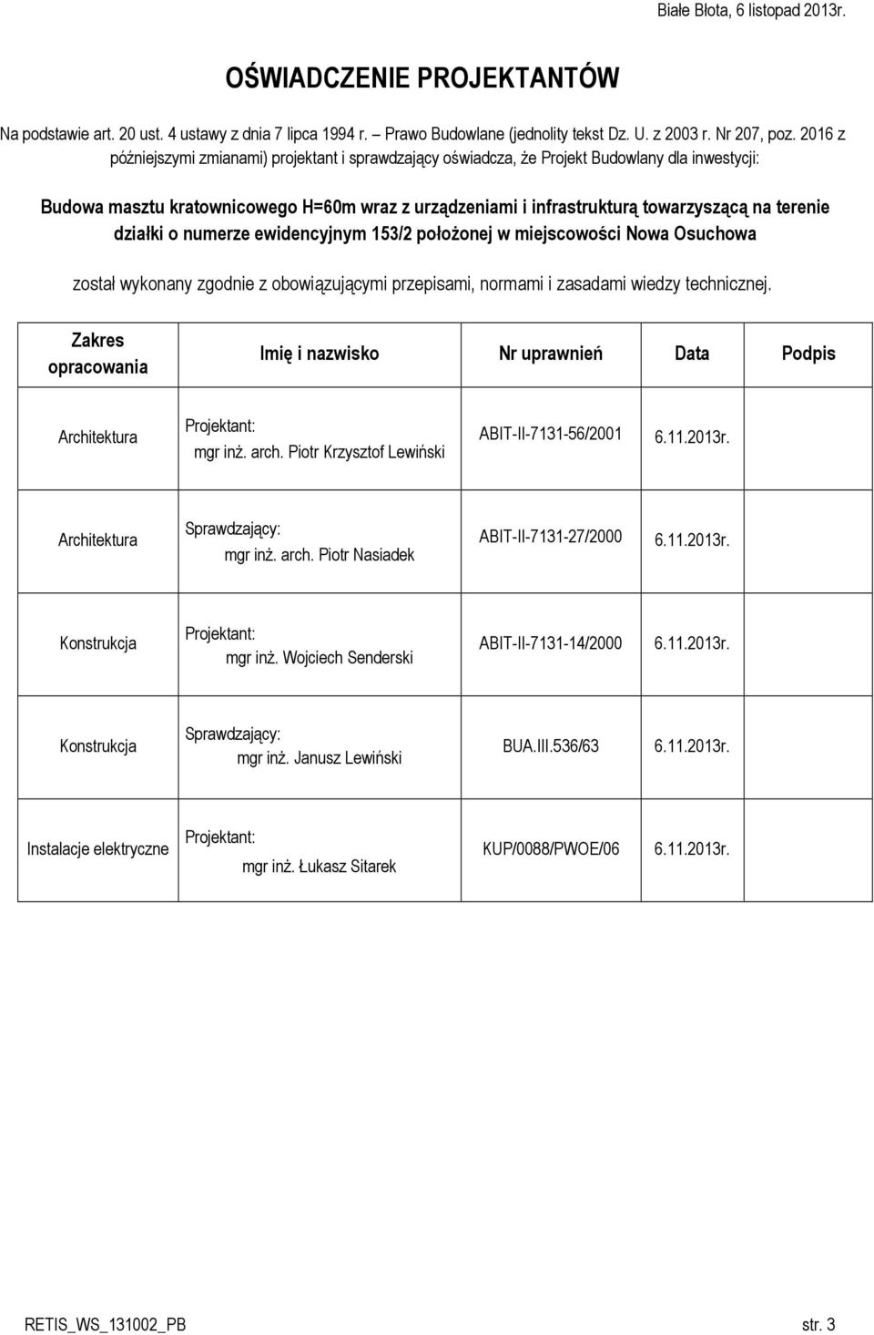 działki o numerze ewidencyjnym 153/2 położonej w miejscowości Nowa Osuchowa został wykonany zgodnie z obowiązującymi przepisami, normami i zasadami wiedzy technicznej.