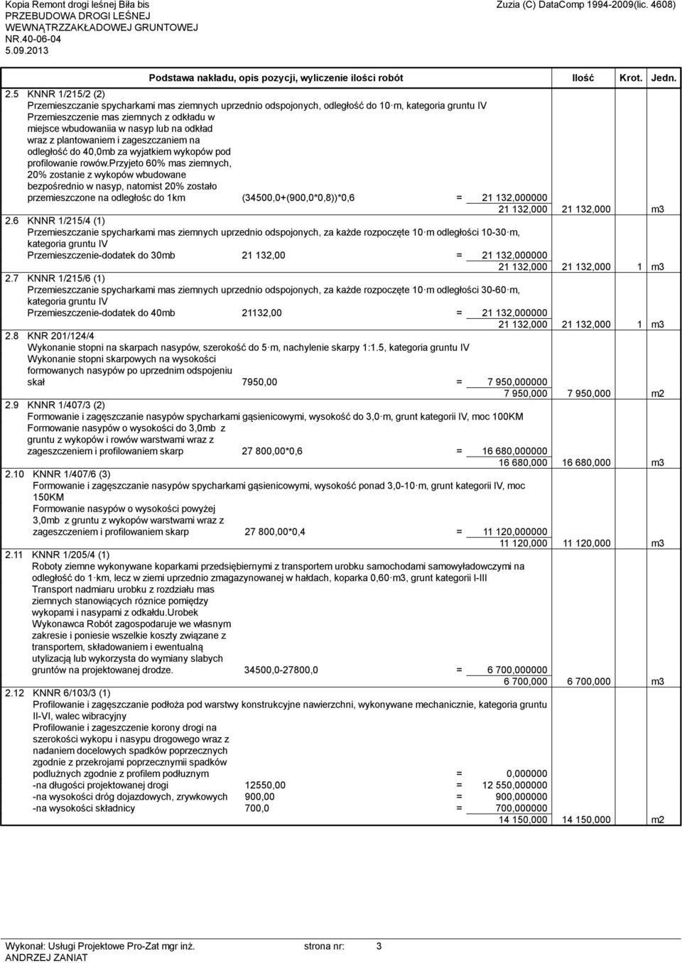 przyjeto 60% mas ziemnych, 20% zostanie z wykopów wbudowane bezpośrednio w nasyp, natomist 20% zostało przemieszczone na odległośc do 1km (34500,0+(900,0*0,8))*0,6 = 21 132,000000 21 132,000 21