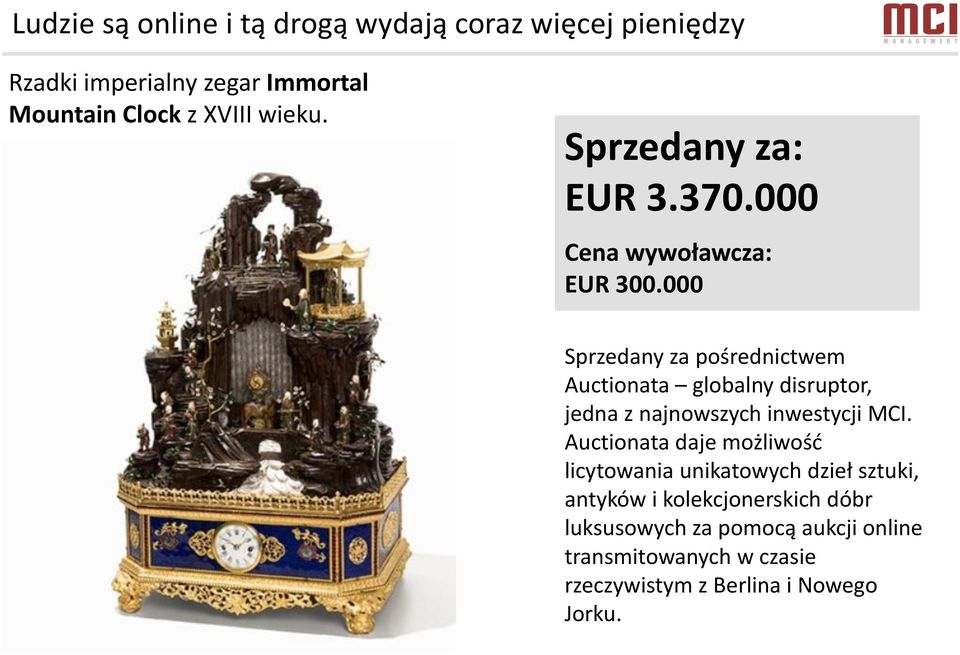 000 Sprzedany za pośrednictwem Auctionata globalny disruptor, jedna z najnowszych inwestycji MCI.