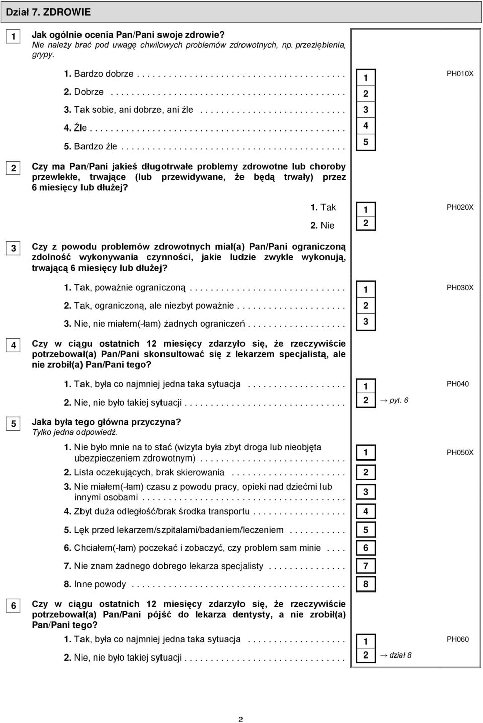 .. Czy ma Pan/Pani jakieś długotrwałe problemy zdrowotne lub choroby przewlekłe, trwające (lub przewidywane, że będą trwały) przez 6 miesięcy lub dłużej? 1 4 5 PH010X PH00X.