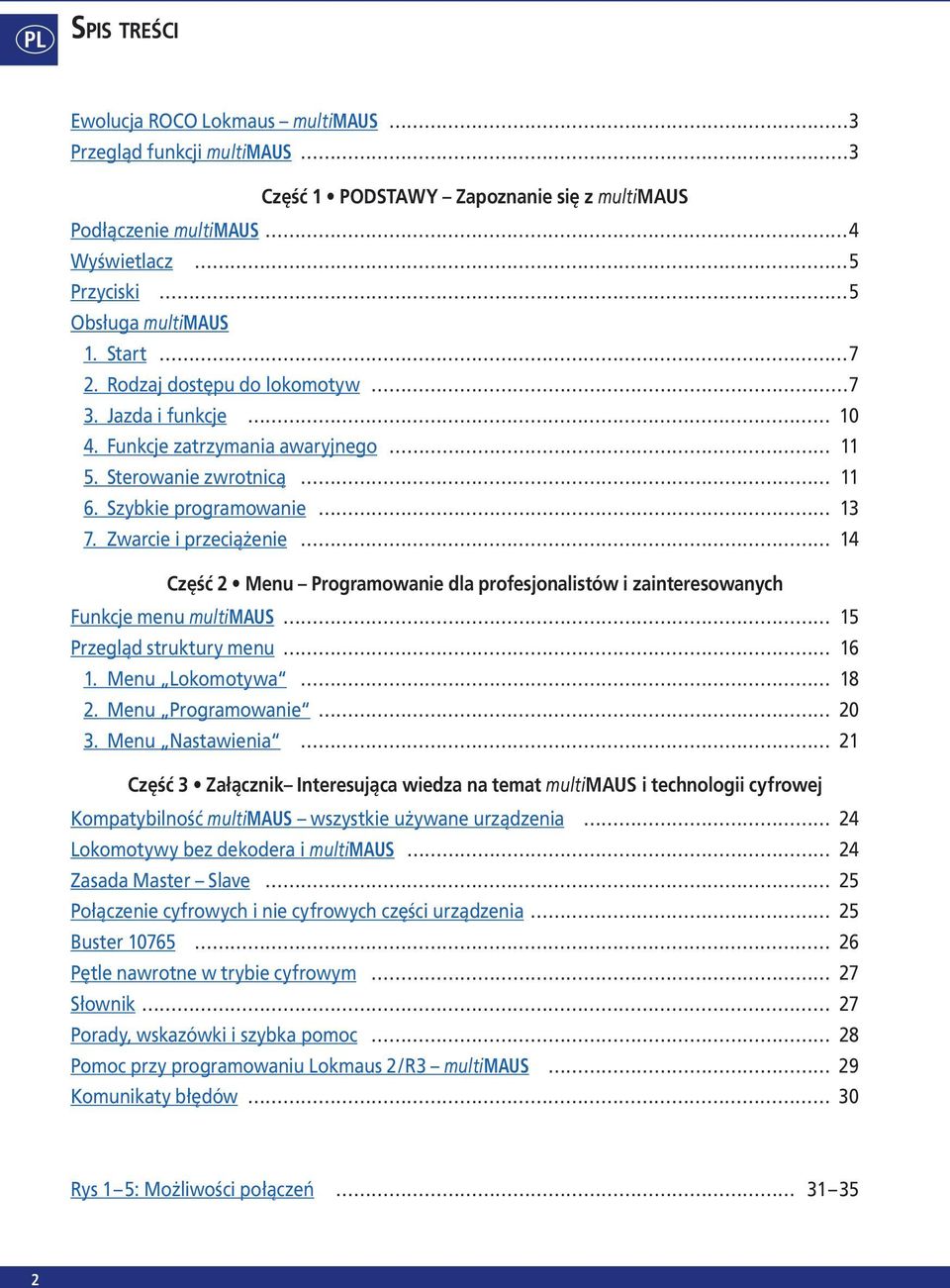 Zwarcie i przeciążenie 14 Część 2 Menu Programowanie dla profesjonalistów i zainteresowanych Funkcje menu multimaus 15 Przegląd struktury menu 16 1. Menu Lokomotywa 18 2. Menu Programowanie 20 3.