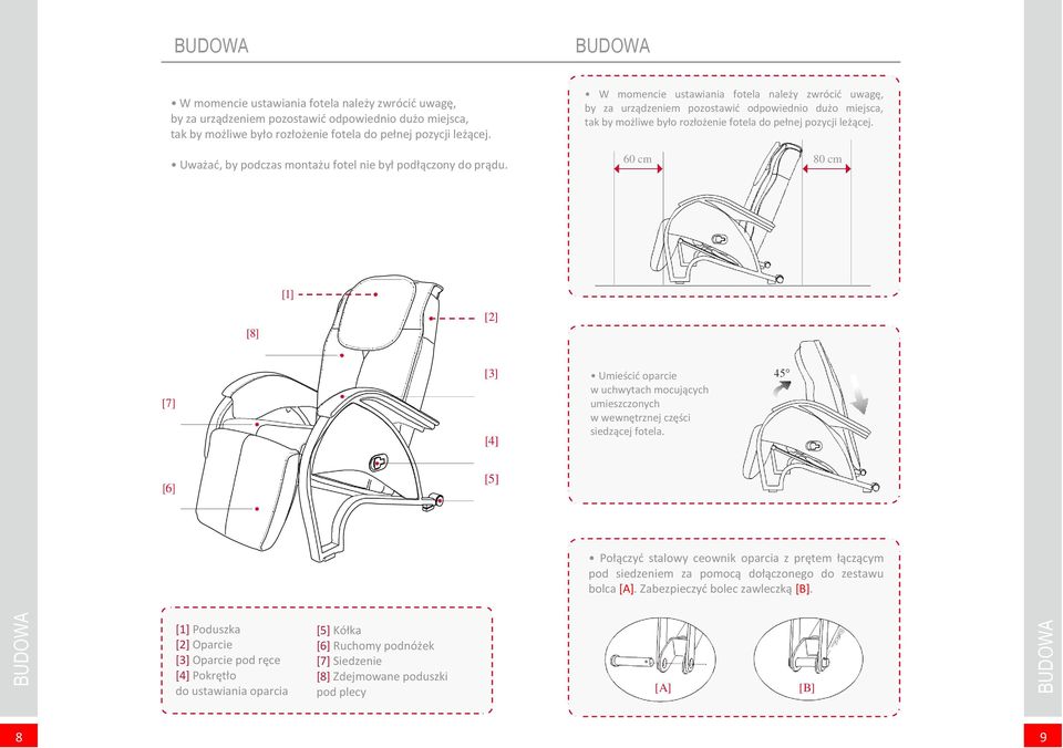 W momencie ustawiania fotela należy zwrócić uwagę, by za urządzeniem pozostawić odpowiednio dużo miejsca, tak by możliwe było rozłożenie fotela do pełnej pozycji leżącej.
