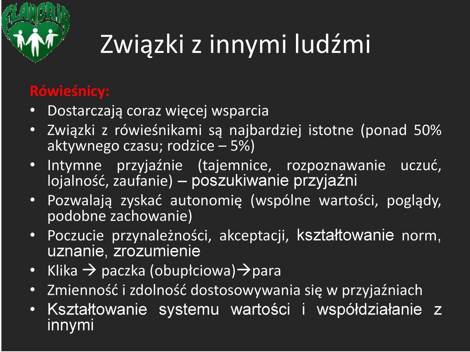 autonomię (wspólne wartości, poglądy, podobne zachowanie) Poczucie przynależności, akceptacji, kształtowanie norm, uznanie, zrozumienie