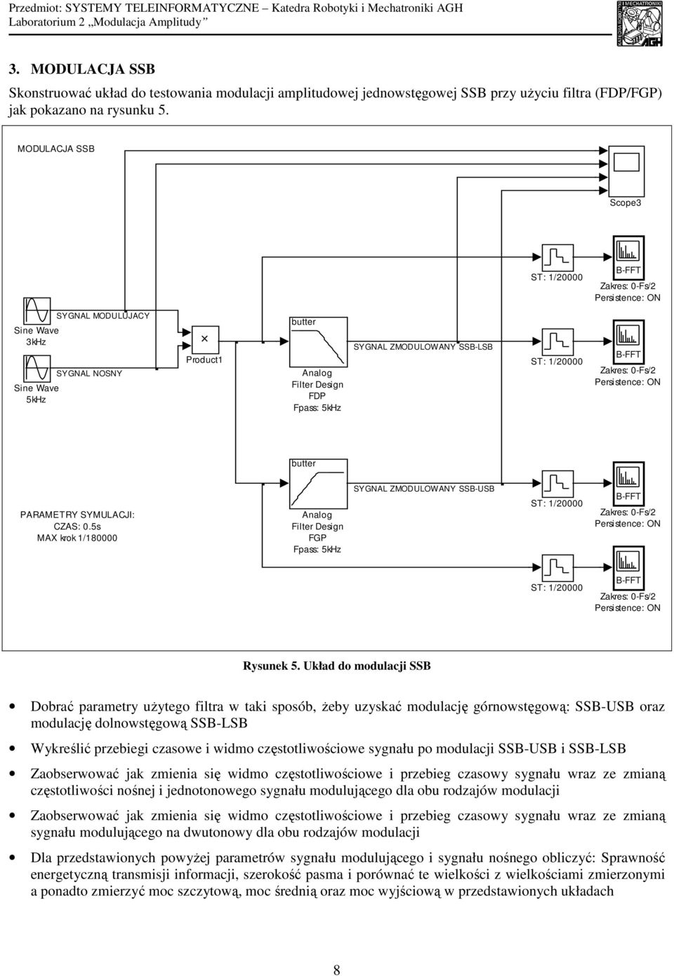 MODULAJA SSB Scope3 ST: /0000 Zakres: 0-Fs/ 3kHz 5kHz SYGNAL MODULUJAY SYGNAL NOSNY Product butter Analog Filter Design FDP Fpass: 5kHz SYGNAL ZMODULOWANY SSB-LSB ST: /0000 Zakres: 0-Fs/ butter