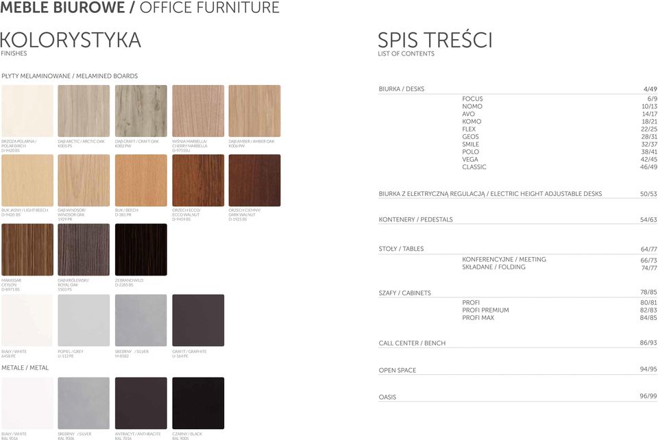 38/41 42/45 46/49 Z ELEKTRYCZNĄ REGULACJĄ / ELECTRIC HEIGHT ADJUSTABLE 50/53 BUK JASNY / LIGHT BEECH D-9420 BS DĄB WINDSOR/ WINDSOR OAK 1929 PR BUK / BEECH D-381 PR ORZECH ECCO/ ECCO WALNUT D-9459 BS