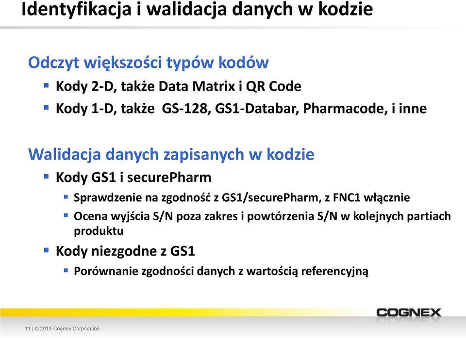 Sprawdzenie na zgodność z GS1/securePharm, z FNC1 włącznie Ocena wyjścia S/N poza zakres i powtórzenia S/N w