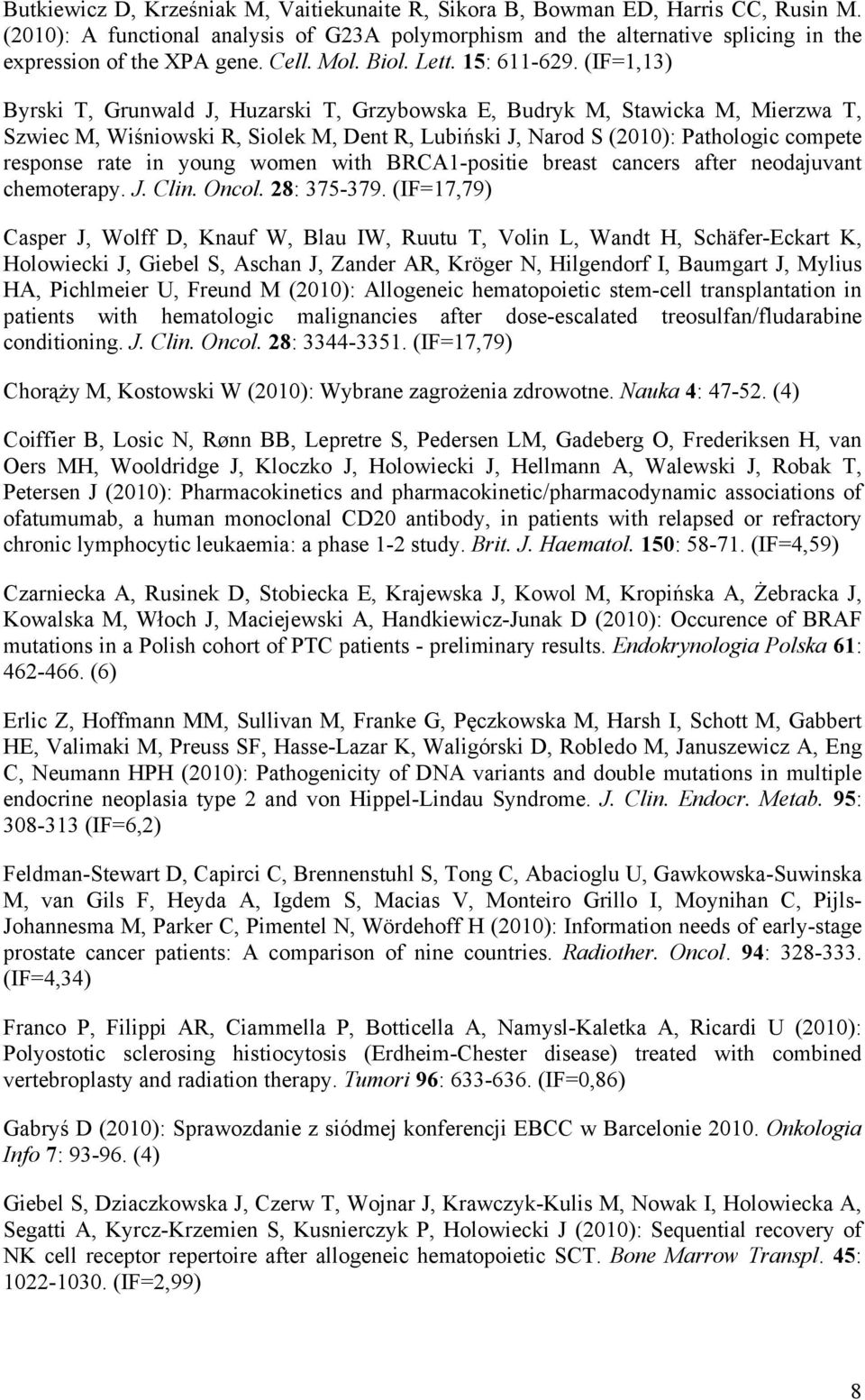 (IF=1,13) Byrski T, Grunwald J, Huzarski T, Grzybowska E, Budryk M, Stawicka M, Mierzwa T, Szwiec M, Wiśniowski R, Siolek M, Dent R, Lubiński J, Narod S (2010): Pathologic compete response rate in