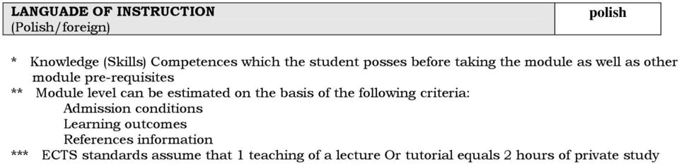 estimated on the basis of the following criteria: Admission conditions Learning outcomes References