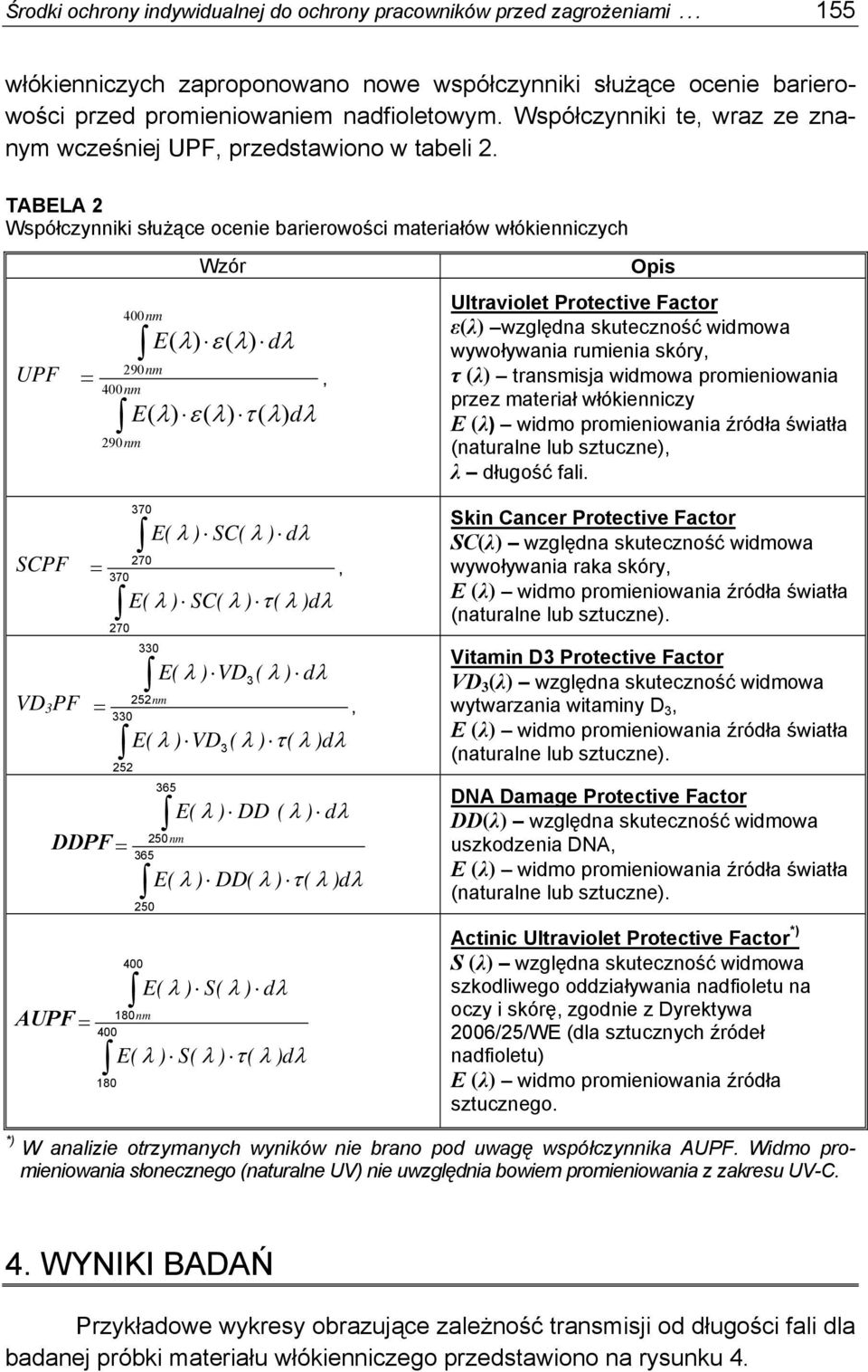 TABELA 2 Współczynniki służące ocenie barierowości materiałów włókienniczych UPF = 400nm 290nm 400nm 290nm Wzór E( λ) ε ( λ) dλ E( λ) ε ( λ) τ ( λ) dλ, Opis Ultraviolet Protective Factor ε(λ)