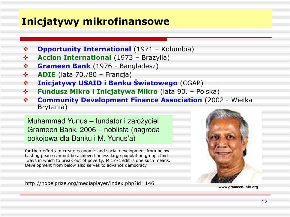 Polska) Community Development Finance Association (2002 - Wielka Brytania) Muhammad Yunus fundator i założyciel Grameen Bank, 2006 noblista (nagroda pokojowa dla Banku i M.