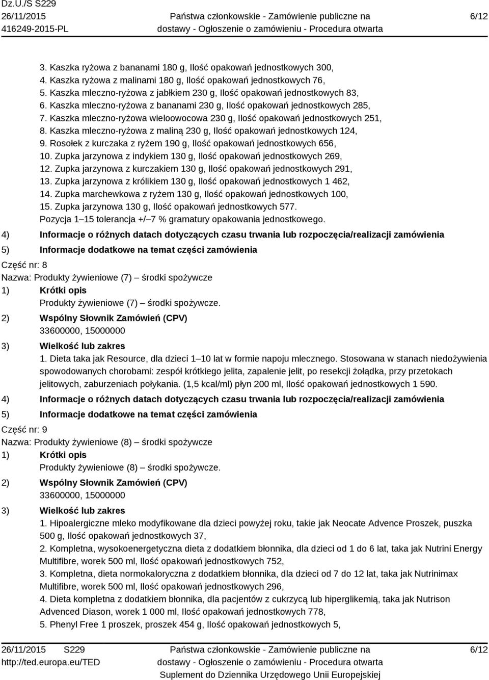 Kaszka mleczno-ryżowa wieloowocowa 230 g, Ilość opakowań jednostkowych 251, 8. Kaszka mleczno-ryżowa z maliną 230 g, Ilość opakowań jednostkowych 124, 9.