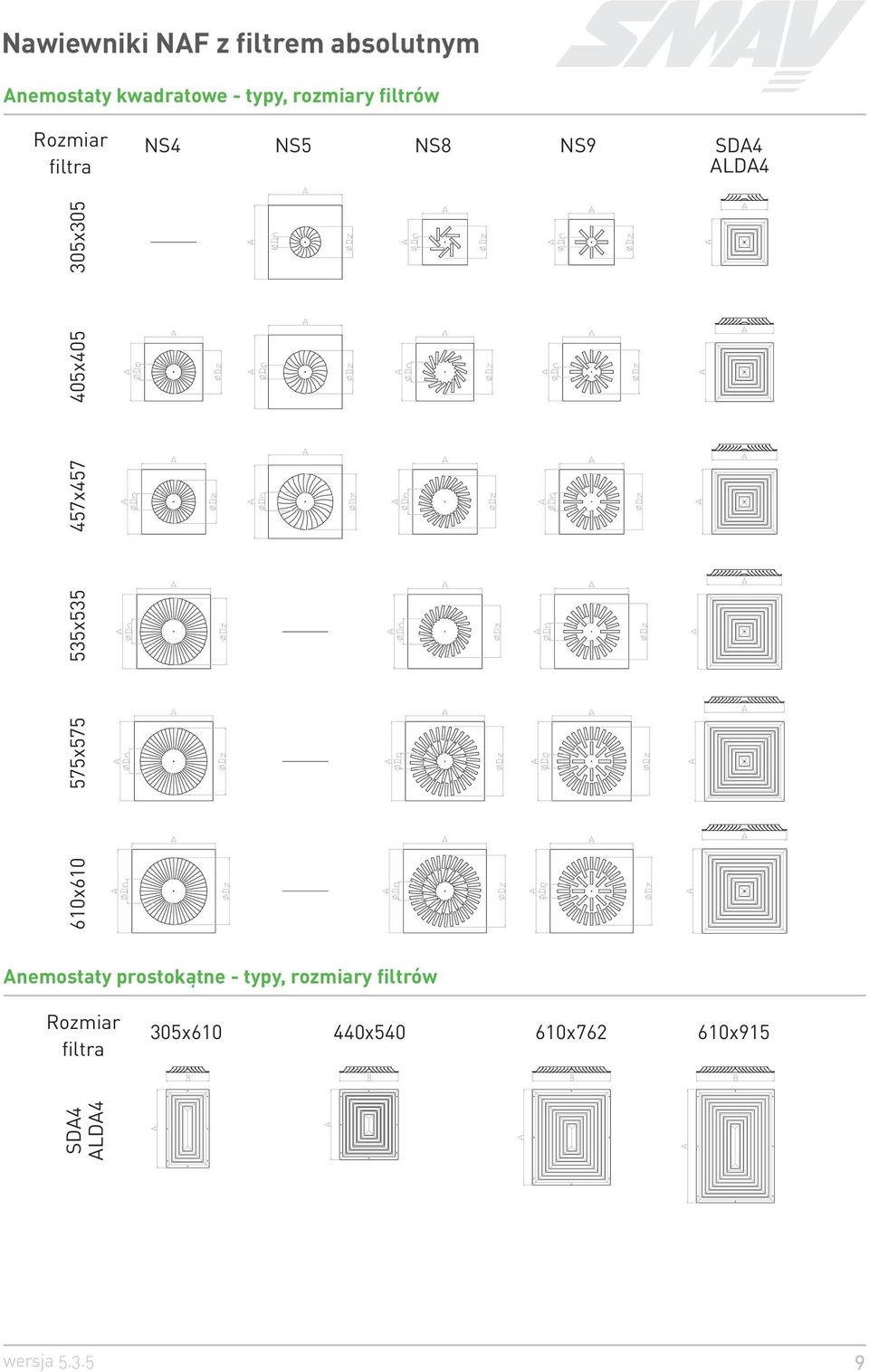 405x405 305x305 Anemostaty prostok¹tne - typy, rozmiary filtrów