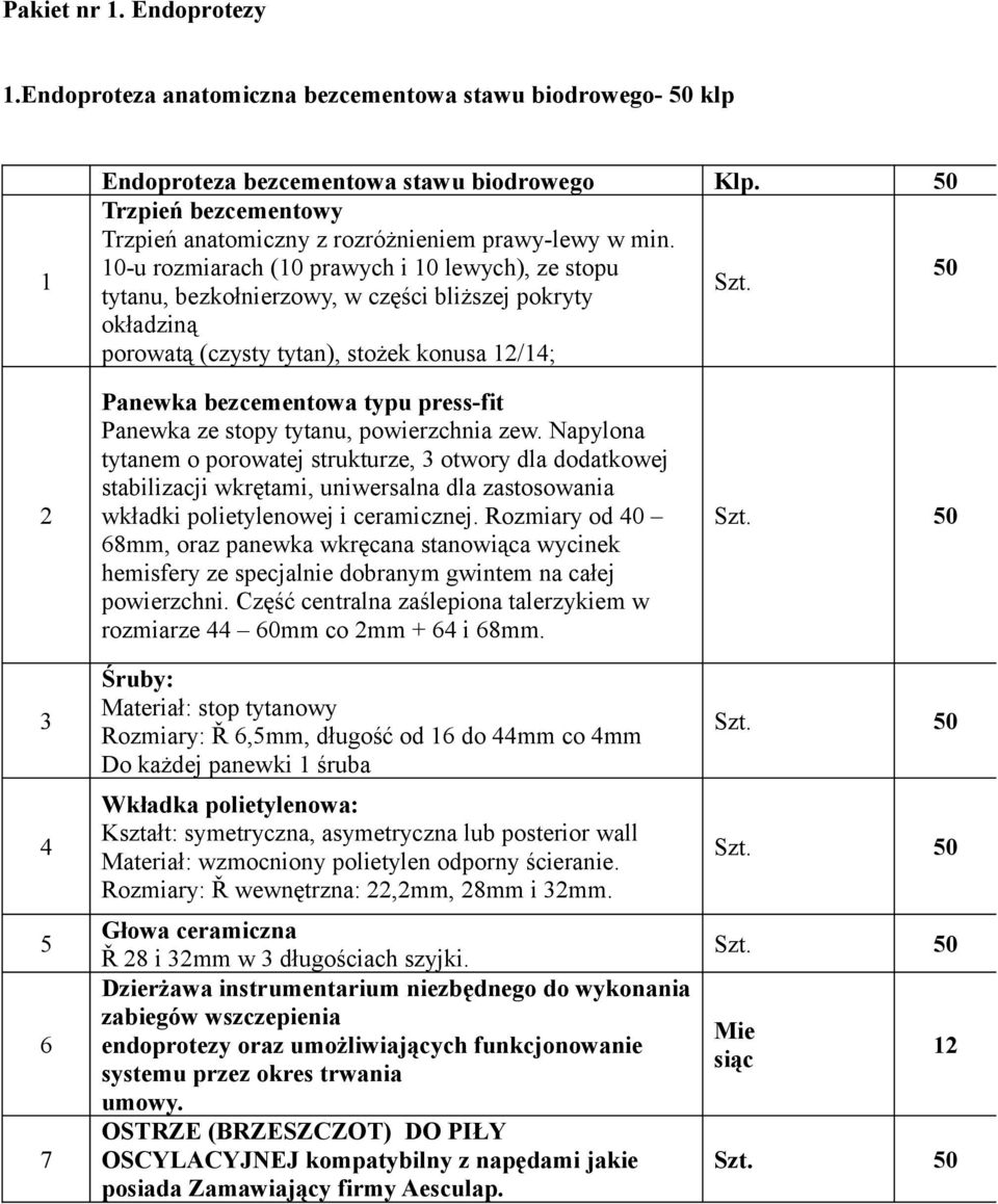 tytanu, bezkołnierzowy, w części bliższej pokryty okładziną porowatą (czysty tytan), stożek konusa 12/14; 2 3 4 5 6 7 Panewka bezcementowa typu press-fit Panewka ze stopy tytanu, powierzchnia zew.