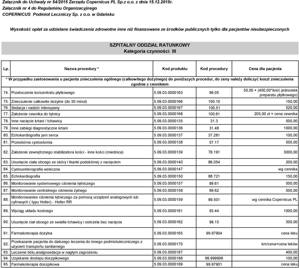 koszt znieczulenia zgodnie z cennikiem 74. Przetoczenie koncentratu płytkowego 5.09.03.0000163 99.05 50,00 + (400,00*ilość jednostek preparatu płytkowego) 75.