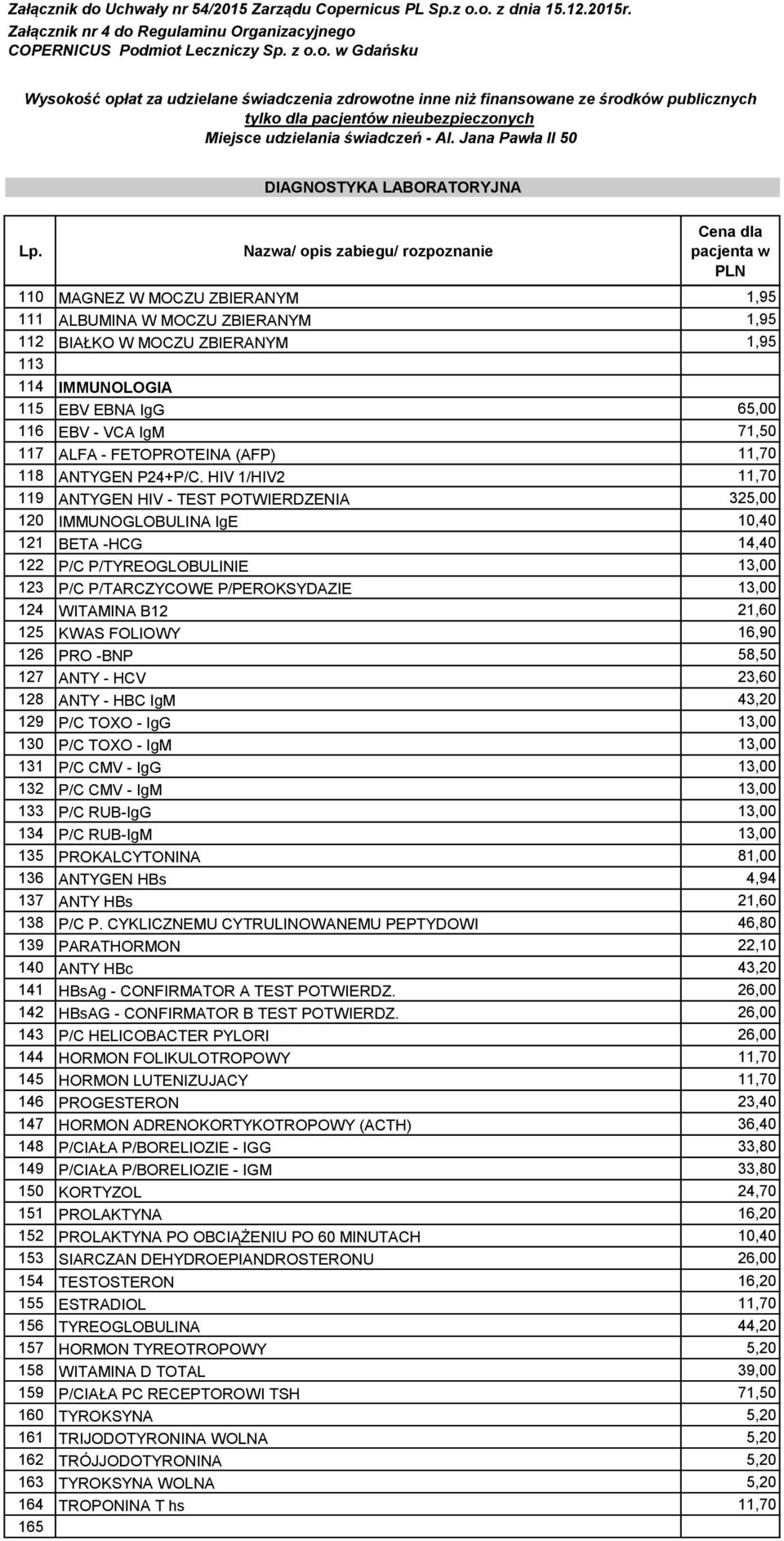 Nazwa/ opis zabiegu/ rozpoznanie Cena dla pacjenta w PLN 110 MAGNEZ W MOCZU ZBIERANYM 1,95 111 ALBUMINA W MOCZU ZBIERANYM 1,95 112 BIAŁKO W MOCZU ZBIERANYM 1,95 113 114 IMMUNOLOGIA 115 EBV EBNA IgG