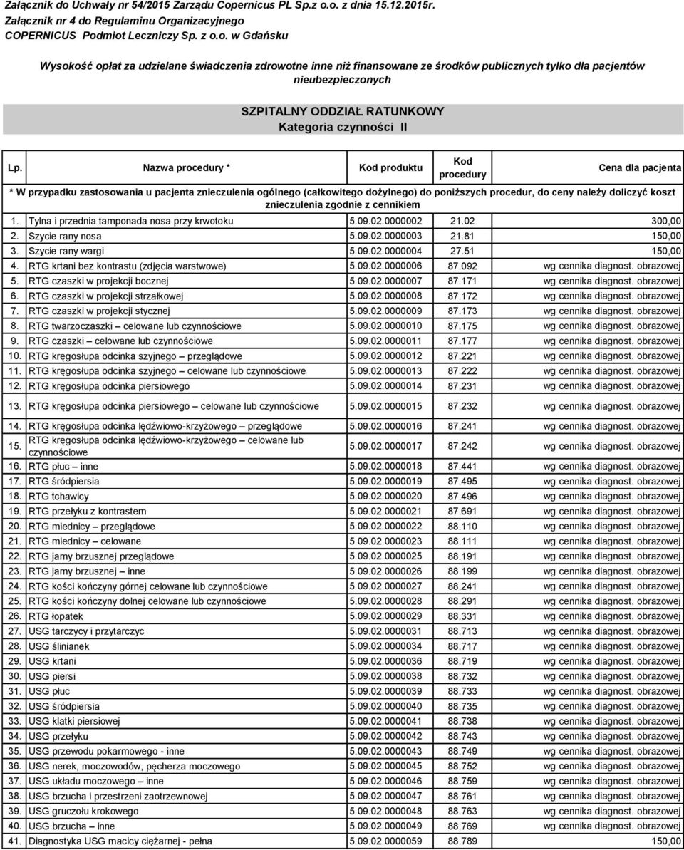 koszt znieczulenia zgodnie z cennikiem 1. Tylna i przednia tamponada nosa przy krwotoku 5.09.02.0000002 21.02 300,00 2. Szycie rany nosa 5.09.02.0000003 21.81 150,00 3. Szycie rany wargi 5.09.02.0000004 27.