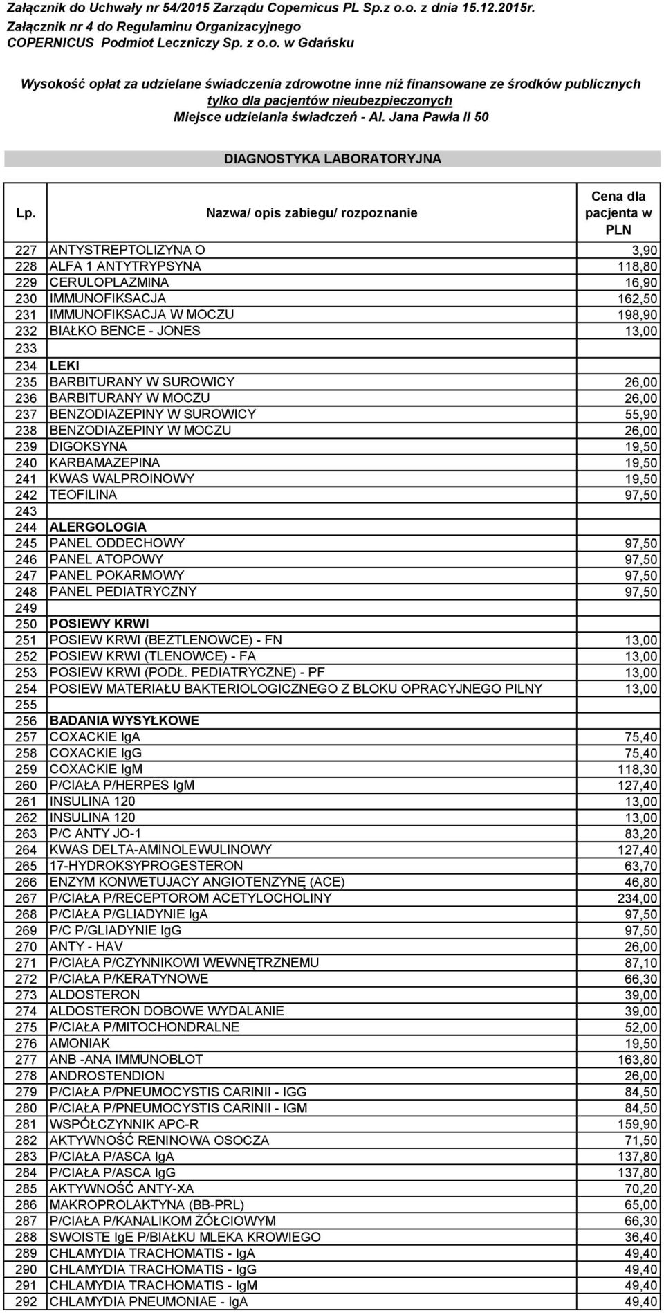 Nazwa/ opis zabiegu/ rozpoznanie Cena dla pacjenta w PLN 227 ANTYSTREPTOLIZYNA O 3,90 228 ALFA 1 ANTYTRYPSYNA 118,80 229 CERULOPLAZMINA 16,90 230 IMMUNOFIKSACJA 162,50 231 IMMUNOFIKSACJA W MOCZU