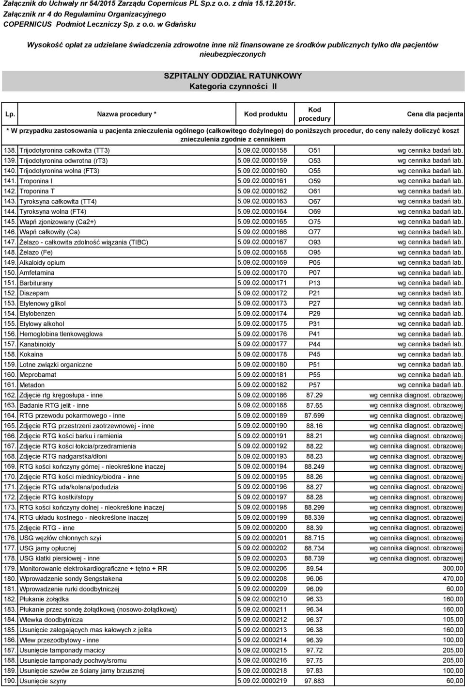 koszt znieczulenia zgodnie z cennikiem 138. Trijodotyronina całkowita (TT3) 5.09.02.0000158 O51 wg cennika badań lab. 139. Trijodotyronina odwrotna (rt3) 5.09.02.0000159 O53 wg cennika badań lab. 140.