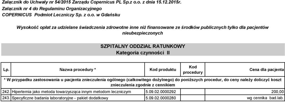 Nazwa procedury * Kod produktu Kod procedury Cena dla pacjenta * W przypadku zastosowania u pacjenta znieczulenia ogólnego (całkowitego dożylnego) do