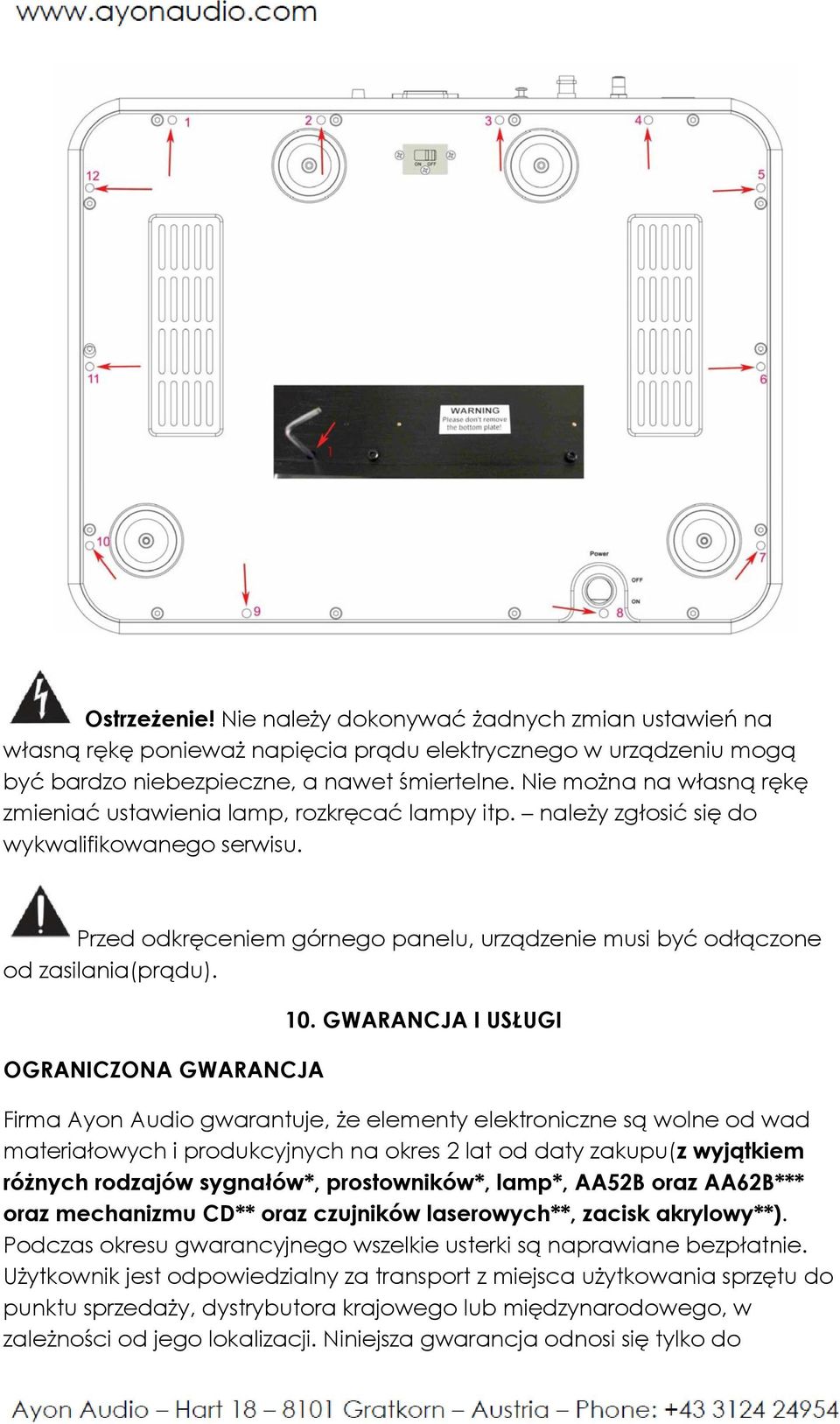 Przed odkręceniem górnego panelu, urządzenie musi być odłączone od zasilania(prądu). OGRANICZONA GWARANCJA 10.