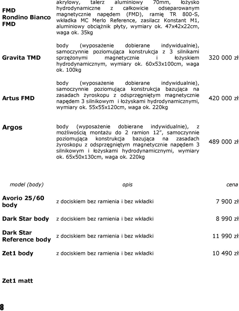 35kg Gravita TMD Artus FMD Argos model () (wyposażenie dobierane indywidualnie), samoczynnie poziomująca konstrukcja z 3 silnikami sprzężonymi magnetycznie i łożyskiem hydrodynamicznym, wymiary ok.