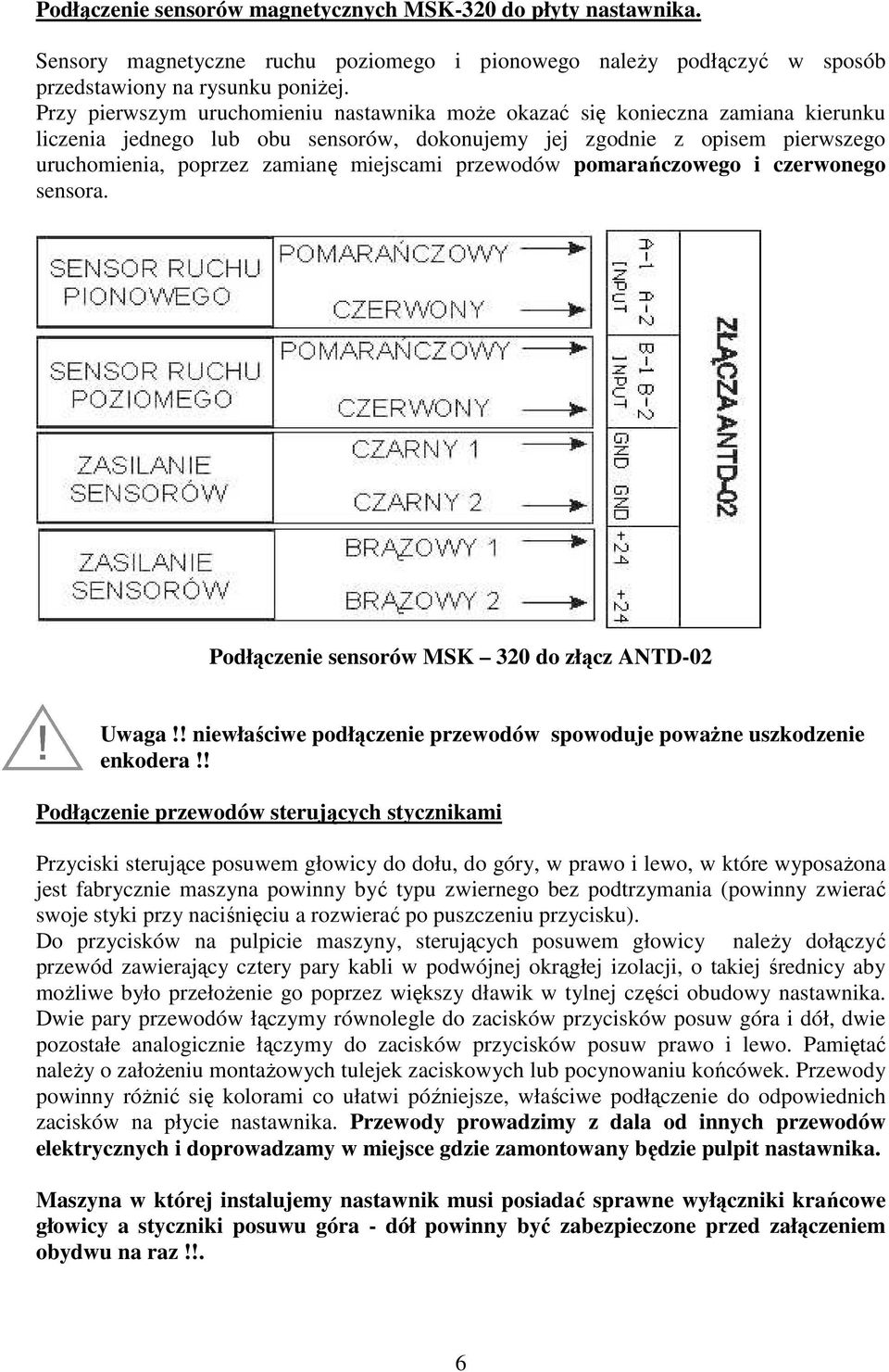 przewodów pomarańczowego i czerwonego sensora. Podłączenie sensorów MSK 320 do złącz ANTD-02 Uwaga!! niewłaściwe podłączenie przewodów spowoduje poważne uszkodzenie enkodera!