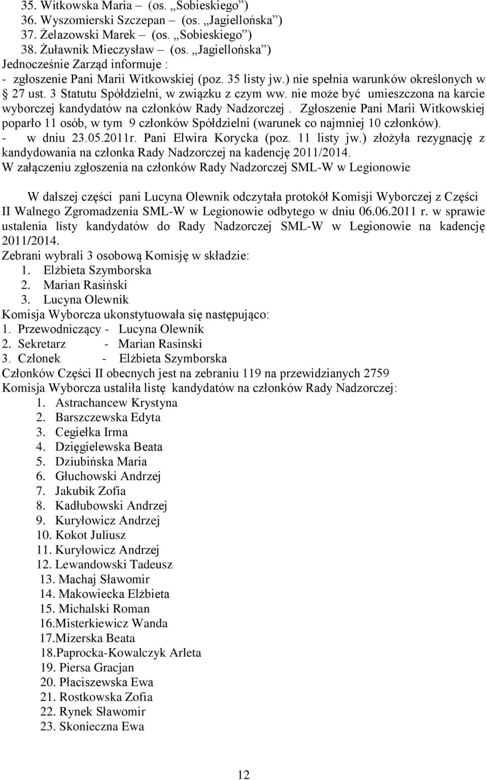 nie może być umieszczona na karcie wyborczej kandydatów na członków Rady Nadzorczej. Zgłoszenie Pani Marii Witkowskiej poparło 11 osób, w tym 9 członków Spółdzielni (warunek co najmniej 10 członków).