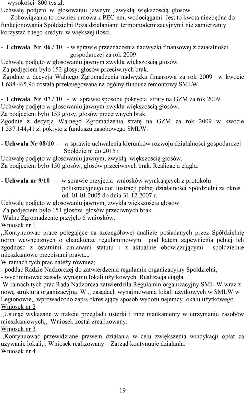 - Uchwała Nr 06 / 10 - w sprawie przeznaczenia nadwyżki finansowej z działalności gospodarczej za rok 2009 Uchwałę podjęto w głosowaniu jawnym zwykła większością głosów.